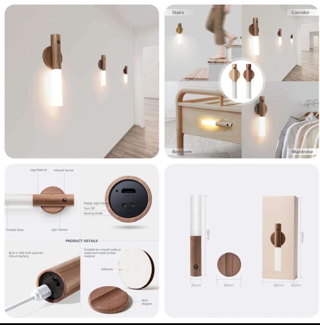 Smart Wooden Motion Sensor Wall Light – Rechargeable Magnetic LED Night Light